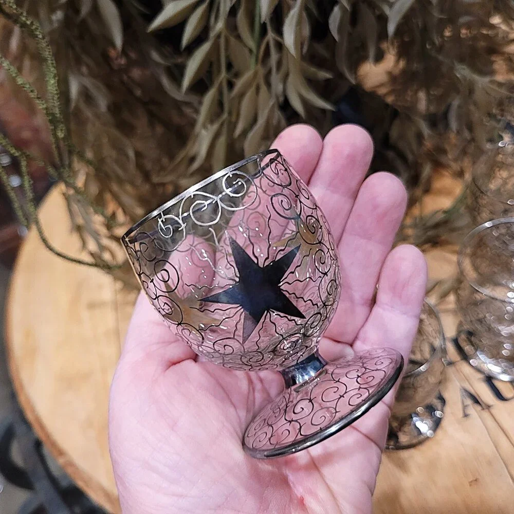 Vintage Saint Graal of France Silver Overlay Atomic Stars Cordial Set